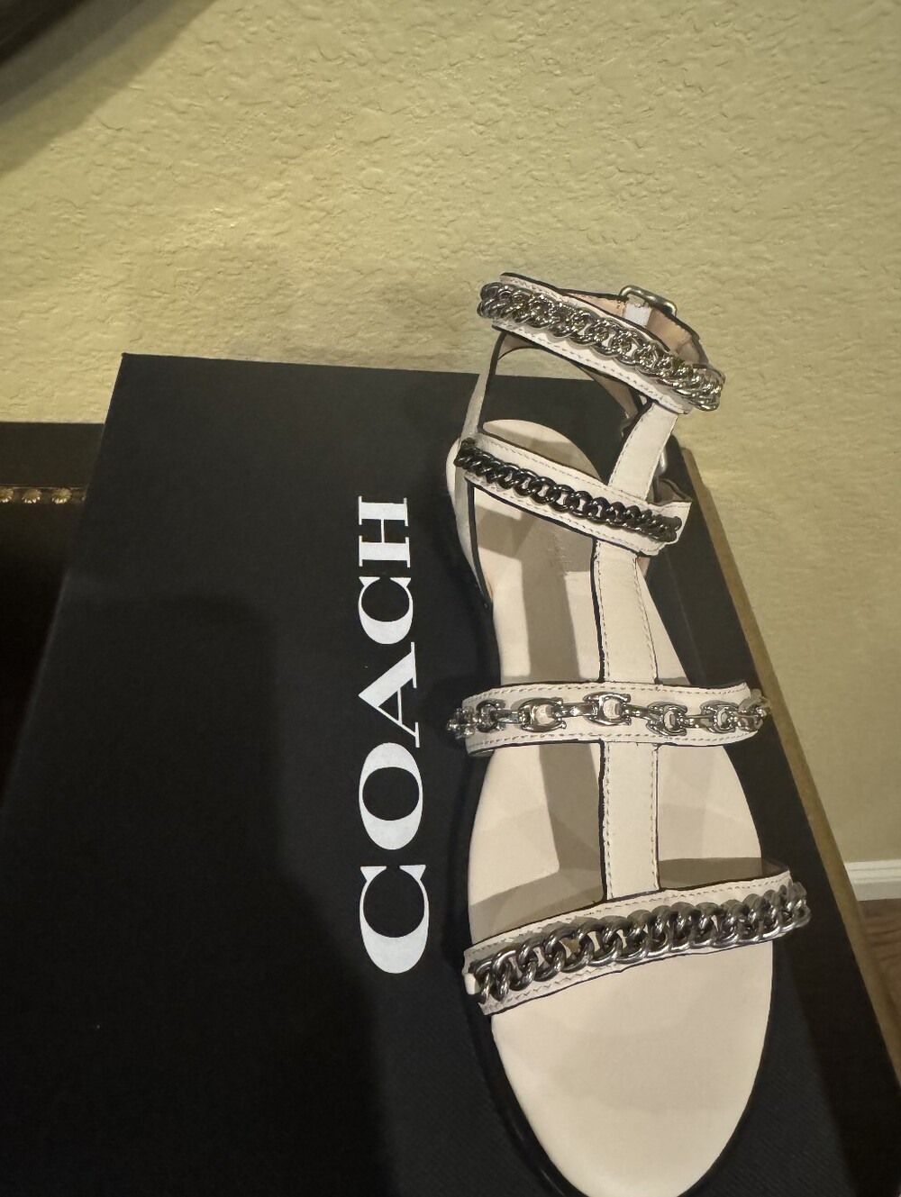 Coach Chalk Leather Gladiator Sandals with Silver Chain Trim